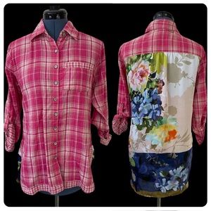 Soft Surroundings Kaolin Tunic Pink Plaid Button Front Floral Satin Back Large
